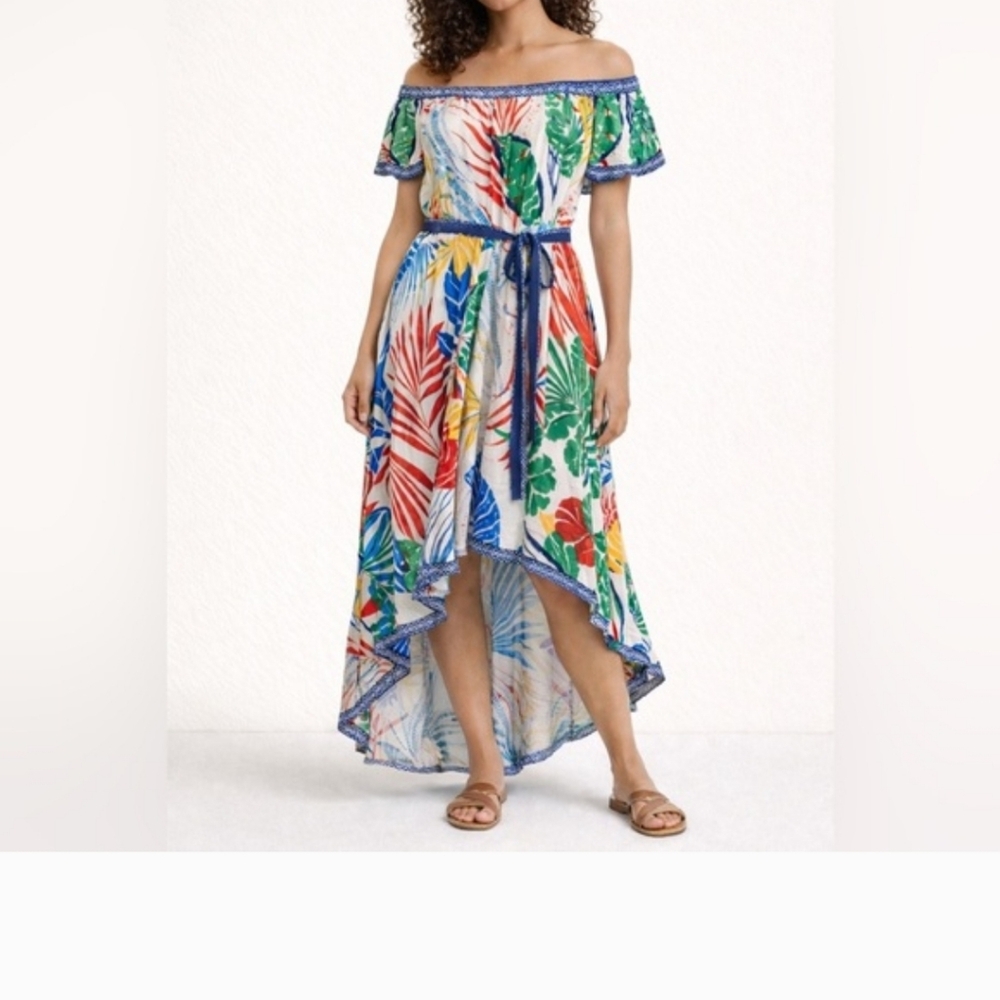 FLYING TOMATO TROPICAL HIGH/LOW OFF SHOULDER DRESS. MED.
